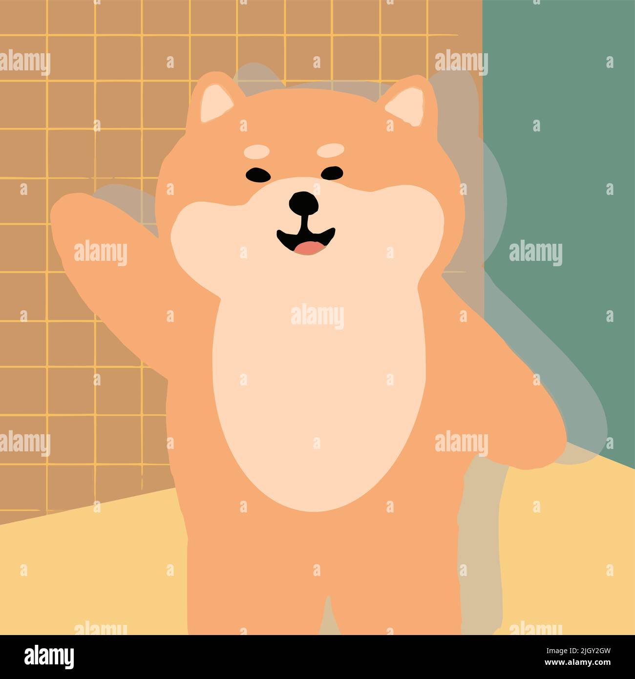 Soddisfatto shiba inu ondeggiando la mano al suo amico sullo sfondo giallo a scacchi Illustrazione Vettoriale