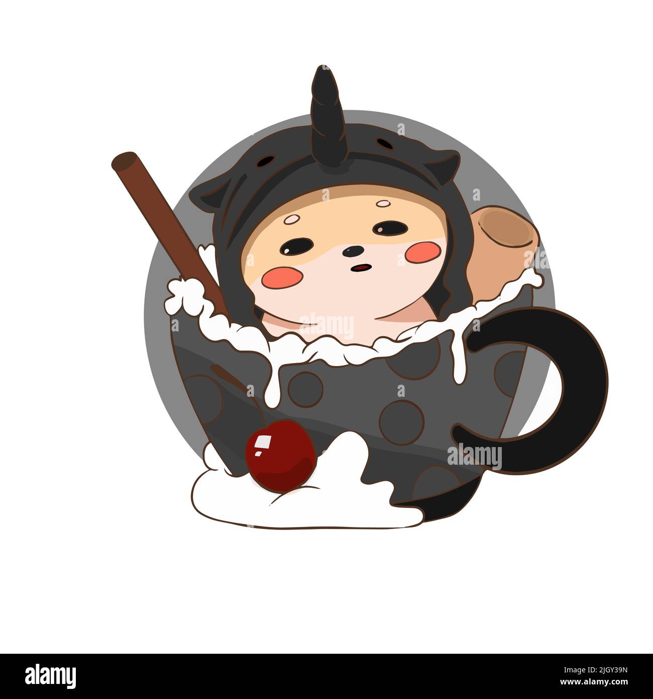Shiba seduto in una tazza di caffè e una ciliegia e vestito come unicorno Illustrazione Vettoriale
