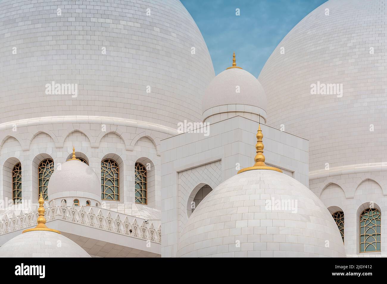 Una foto dettagliata della Grande Moschea dello Sceicco Zayed ad Abu Dhabi, Emirati Arabi Uniti Foto Stock