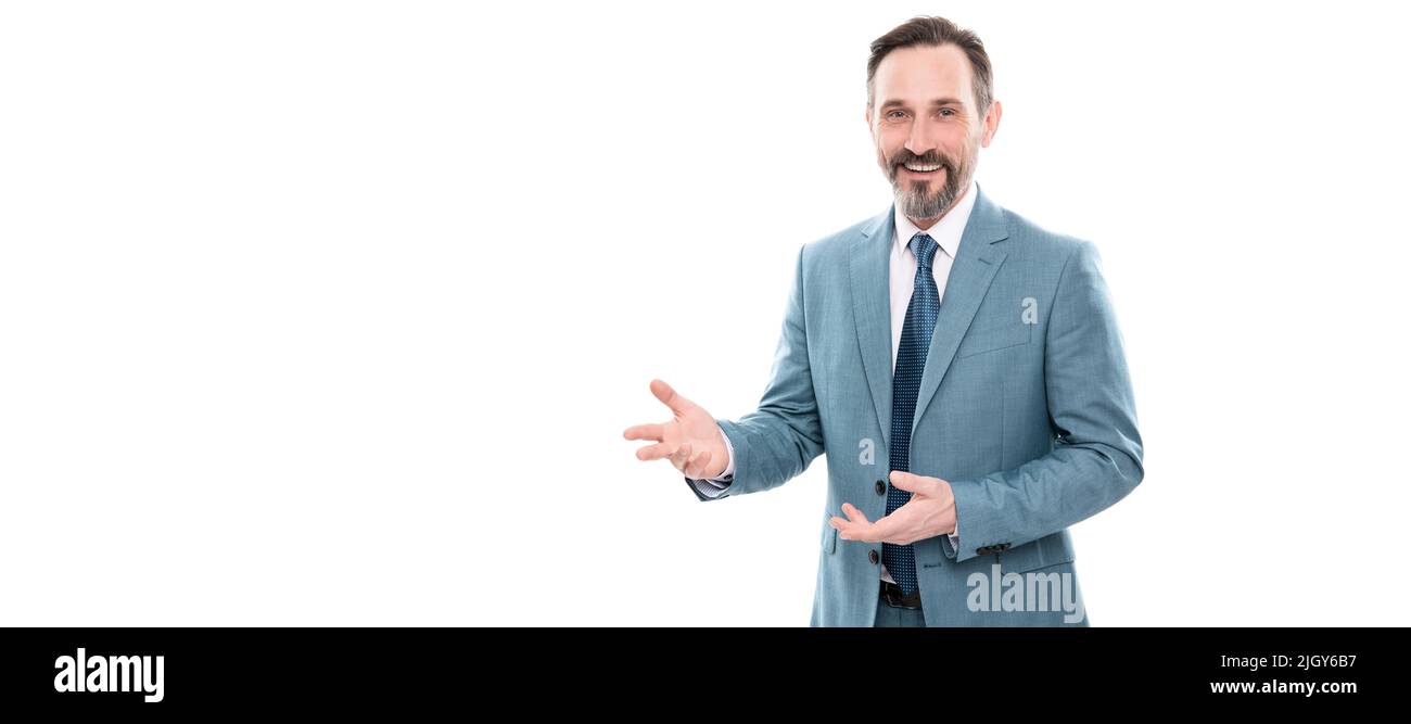 Uomo volto ritratto, banner con spazio copia. uomo d'affari maturo in formalwear presentare prodotto. Comunicazione aziendale. Foto Stock
