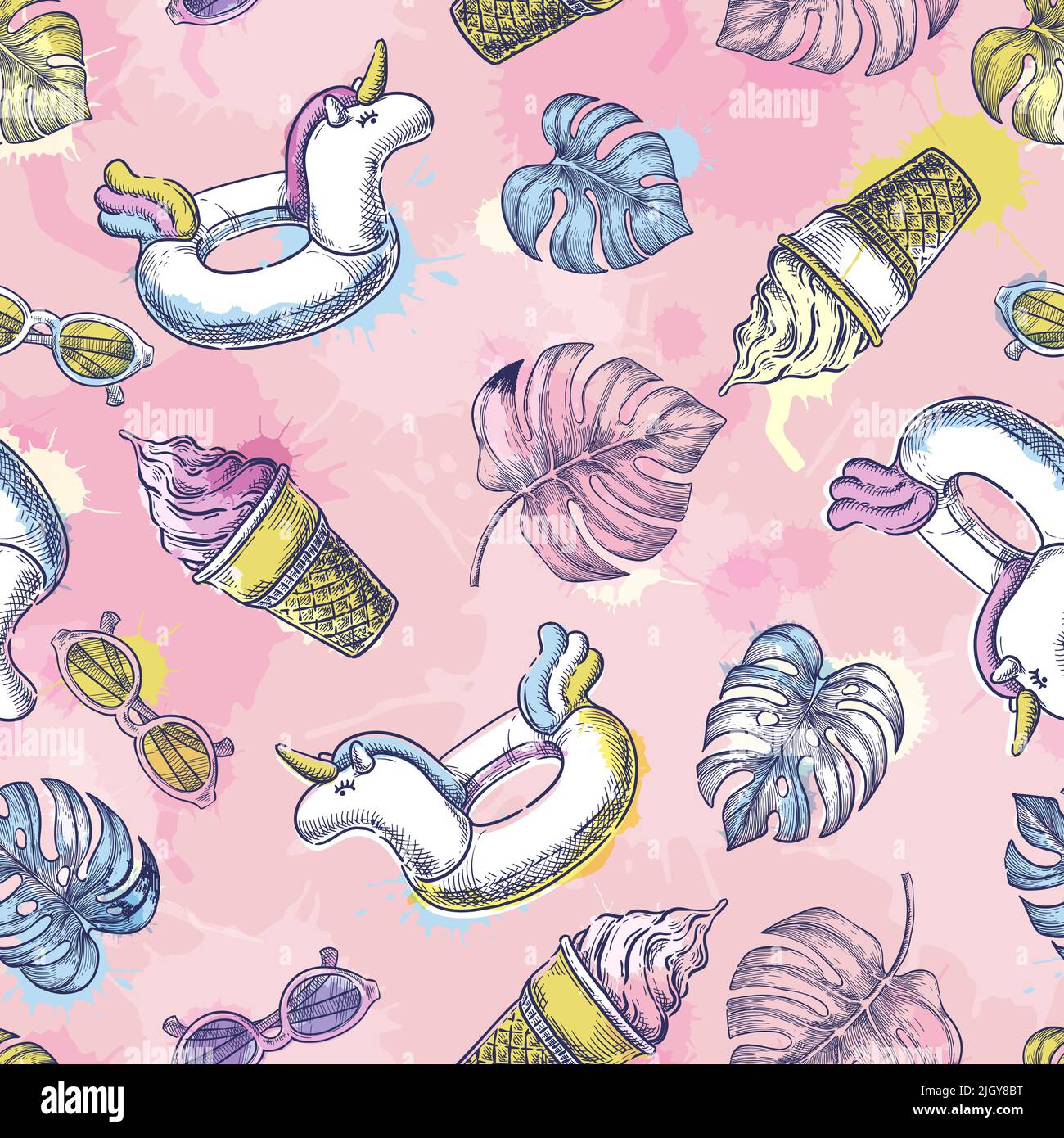 Motivo colorato senza cuciture estivo. Giocattolo da piscina Unicorn, foglie tropicali, gelato, occhiali da sole su sfondo rosa. Illustrazione dello schizzo disegnata a mano vettoriale. Illustrazione Vettoriale