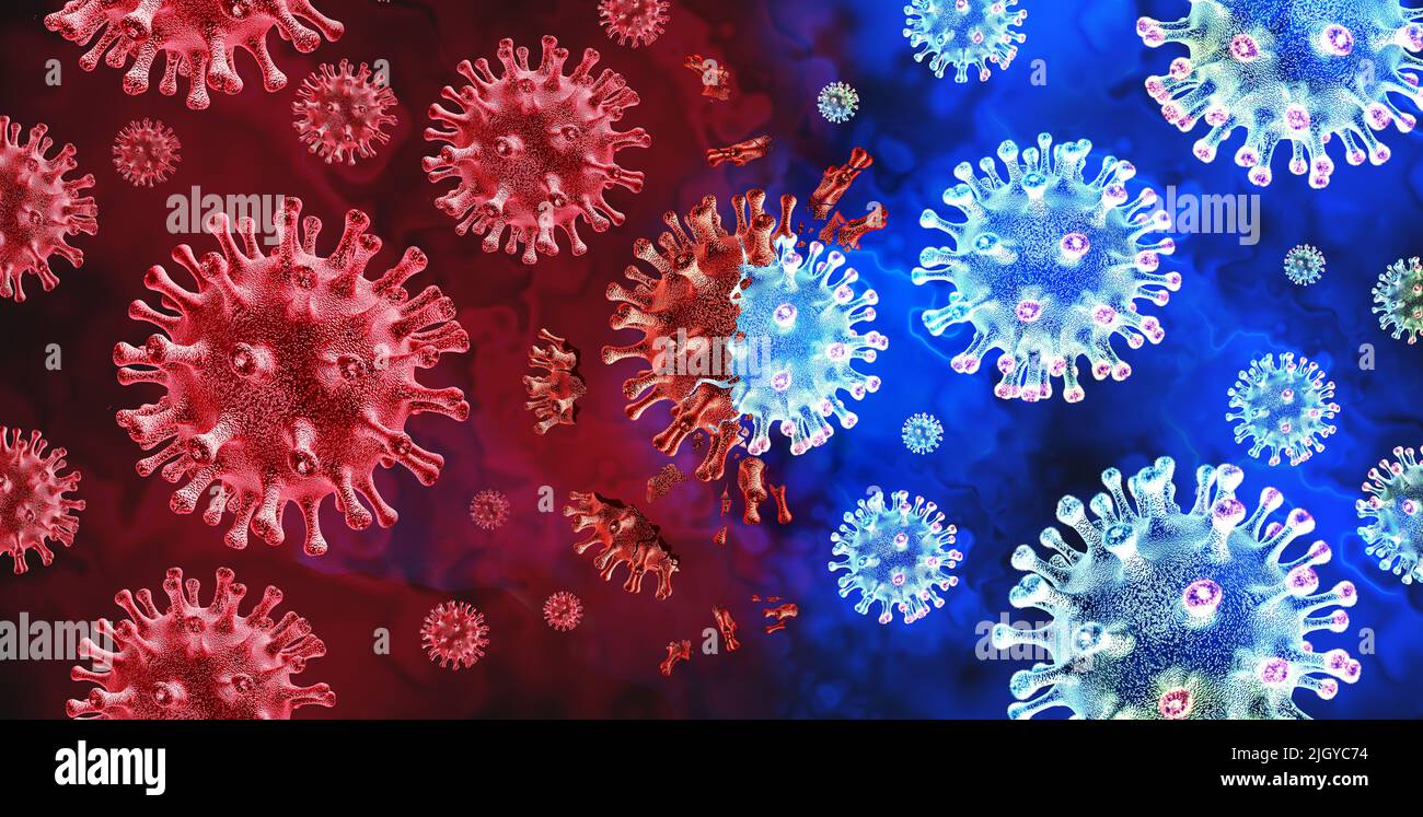 Virus subvariante che si diffonde come patogeni virali mutando varianti e mutazione come un concetto di rischio per la salute trasmissibile e nuovo focolaio COVID-19. Foto Stock