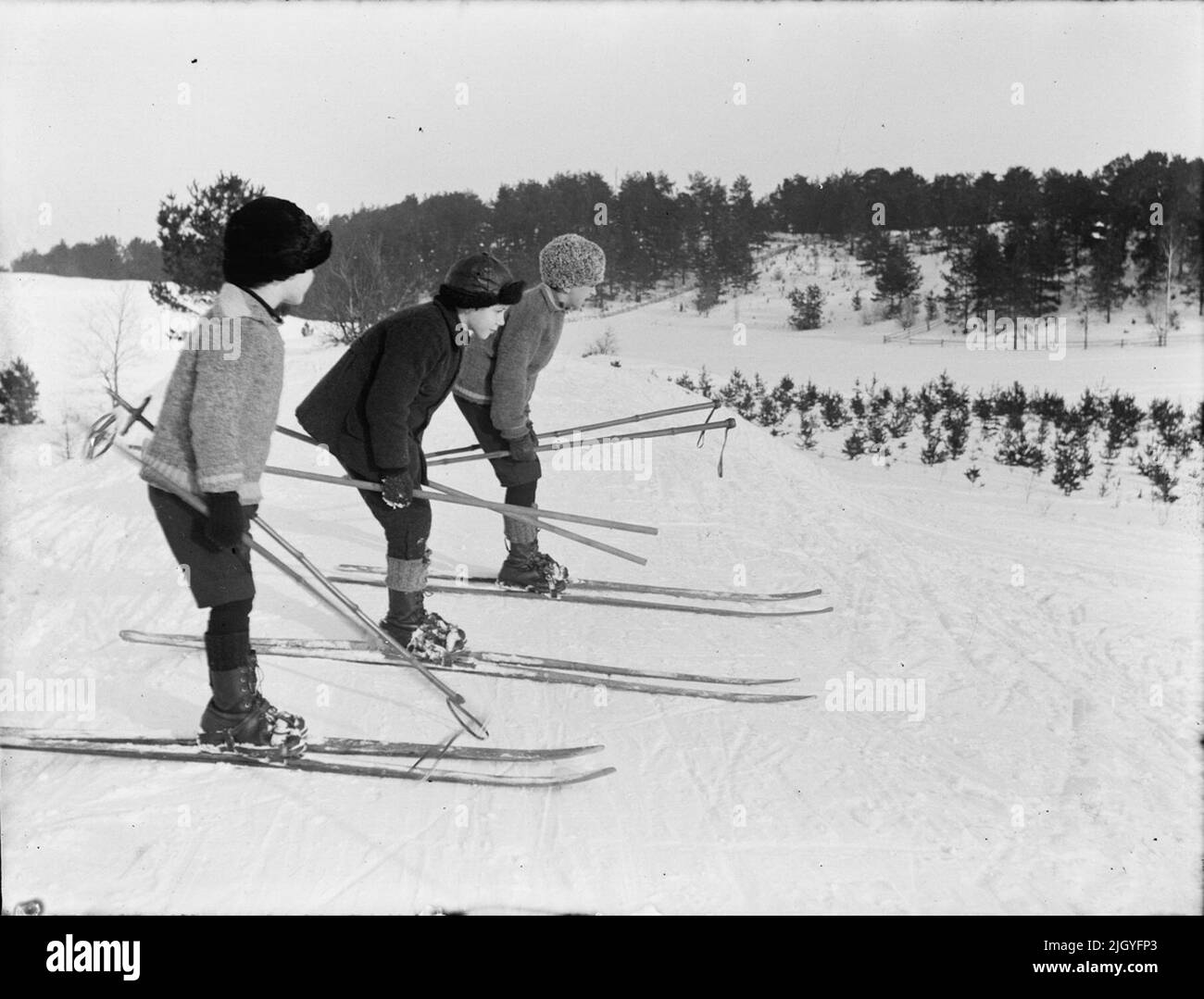 Rolf e Kalle Ärnström e un altro bambino in sci, probabilmente Uppsala nel 1924. La collezione di immagini di Josef Ärnström è stata acquisita dal Museo Upplands 2011.Josef Ärnström è nato nel 1887 a Keps, nella parrocchia di Hållnäs, Uppland. Sposò Nora Selldin, nato a Timrå, Medelpad. Sia Josef che sua moglie Nora si sono laureati intorno al 1910 al seminario dell'insegnante a Uppsala. A Medelpad, la coppia ha ricevuto i primi servizi di insegnante alla scuola di Berge come sposi novelli circa 1910-12. La delocalizzazione si trasferì poi a Lapponia dove Josef fu impiegato a Toulleuvaara tra il 1913 e il 18 circa. Giuseppe concluse h Foto Stock