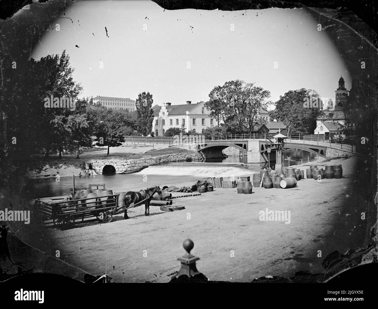 Il porto e il Ponte dell'Isola, Uppsala 1860s. Il porto e il Ponte dell'Isola, Uppsala 1860s Foto Stock
