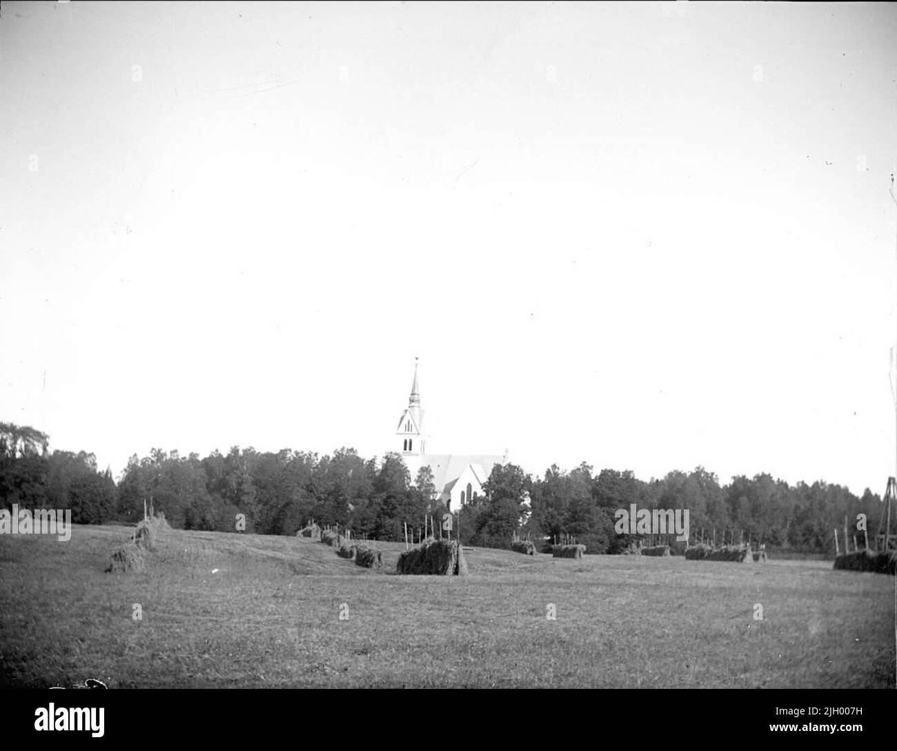 Terra con cavalli di fieno e la chiesa di Skutskärs, parrocchia di Älvkarleby, Uppland luglio 1916. Terra con Hay Horses e Chiesa di Skutskärs, parrocchia di Älvkarleby, Uppland luglio 1916 Foto Stock