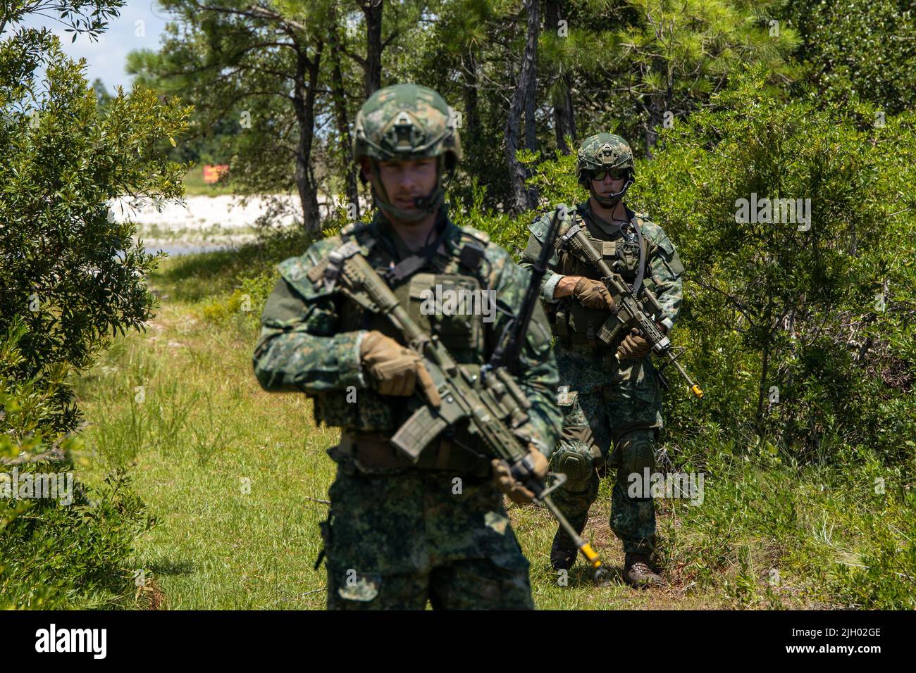 I Marines olandesi con la pattuglia del corpo Marino dei Paesi Bassi reali durante l'esercitazione la caccia birmana alla stazione aerea del corpo di Marina Cherry Point, Carolina del Nord, 12 luglio 2022. Exercise Burmese Chase è un'esercitazione di supporto antincendio di lunga data ospitata da 2nd Air-Naval Gunfire Liaison Company incentrata sul miglioramento della preparazione alla lotta e sul rafforzamento dei rapporti con alleati e partner. (STATI UNITI Foto del corpo marino di Lance CPL. Rafael Brambila-Pelayo) Foto Stock