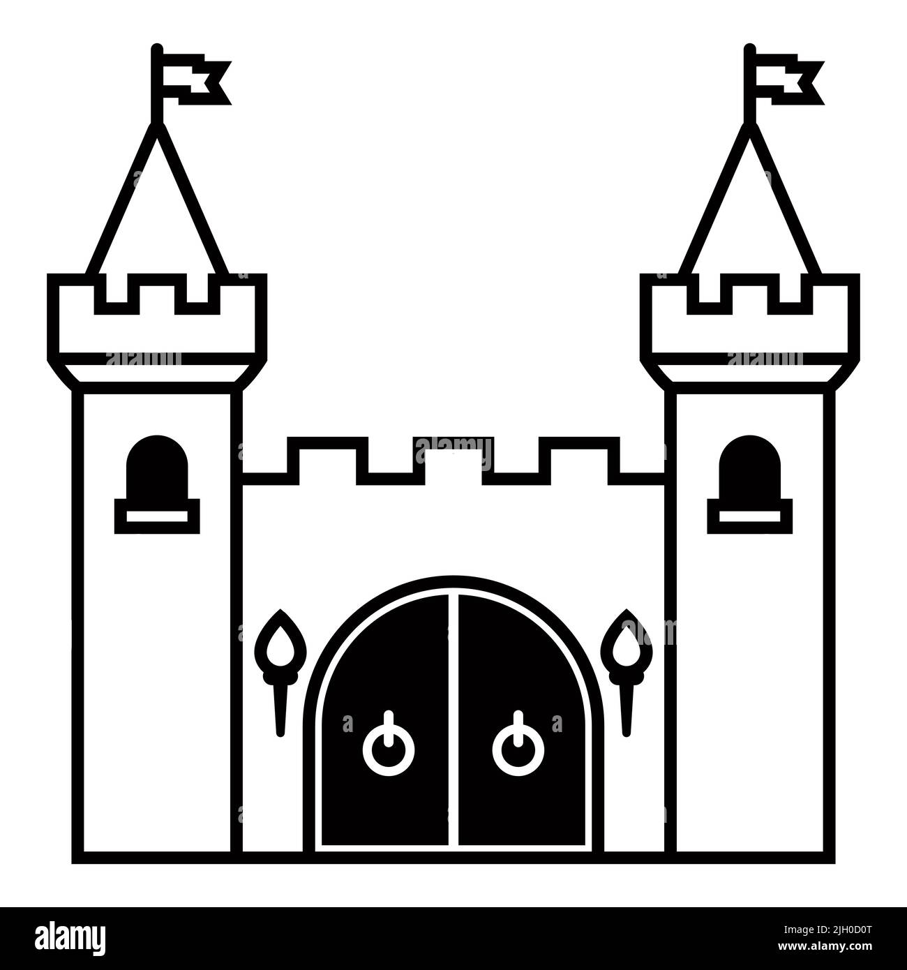 icona lineare di un castello medievale fatto di muri in pietra. illustrazione vettoriale piatta. Illustrazione Vettoriale