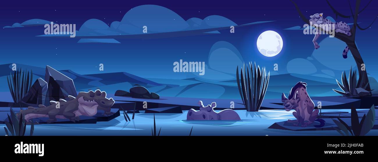 Cartoon animali africani di notte savana paesaggio. Hyena selvaggia, ippopotamo, coccodrillo e ghepardo che dormono nel parco safari all'aperto sotto le stelle scure con la luna, gli abitanti della giungla dormono, illustrazione vettoriale Illustrazione Vettoriale