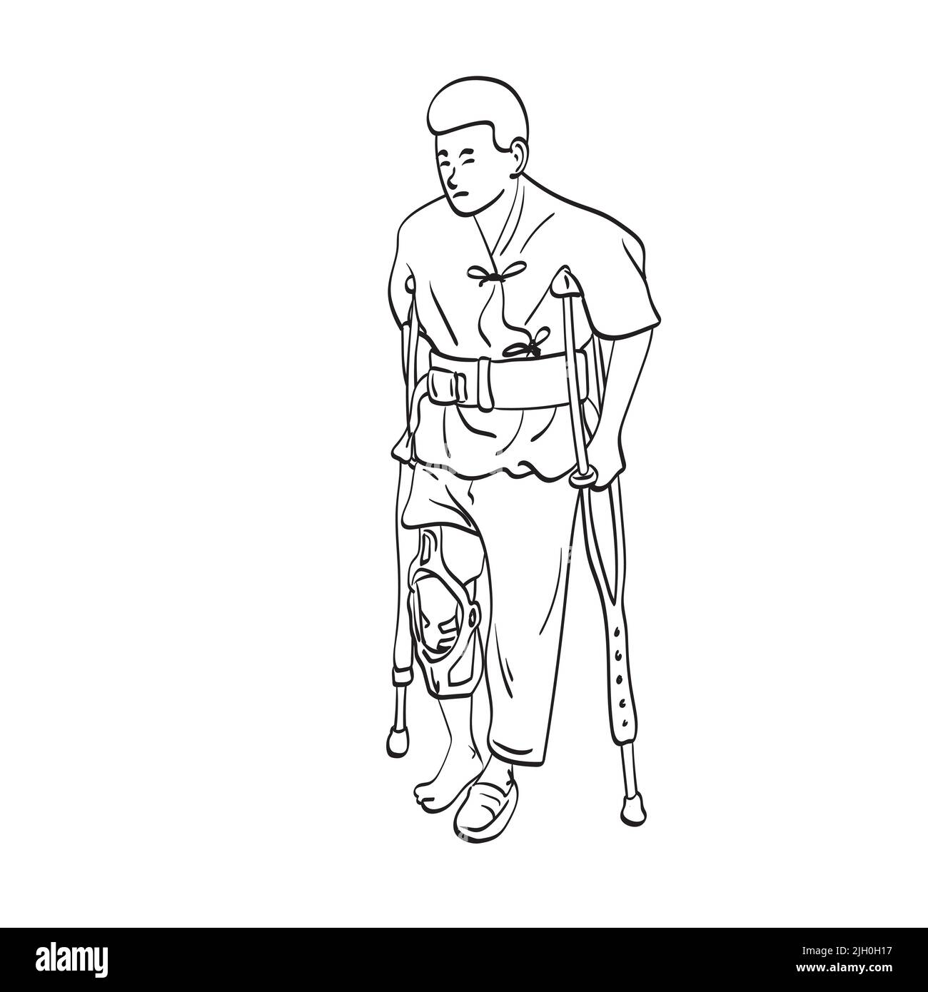 Uomo con gamba rotta usando stampelle per illustrazione a piedi vettore disegnato a mano isolato su sfondo bianco art. Illustrazione Vettoriale