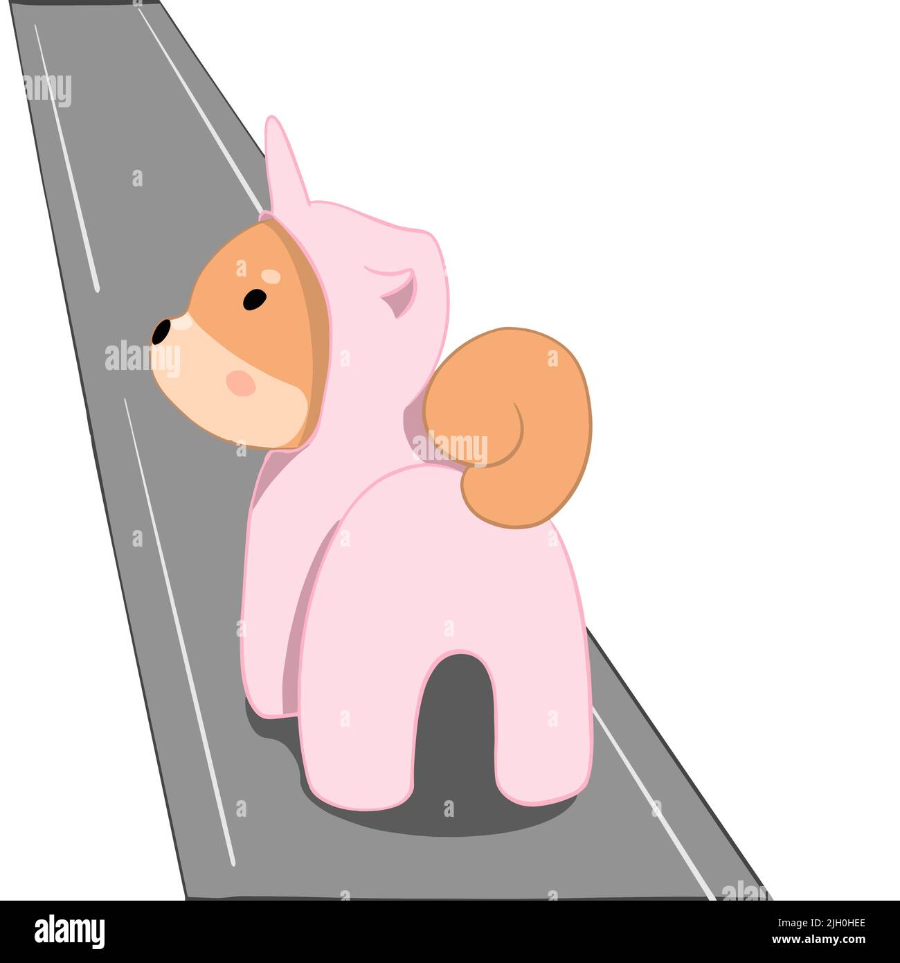 Shiba inu cane cammina lungo la strada e guarda al lato che è vestita come un unicorno rosa Illustrazione Vettoriale