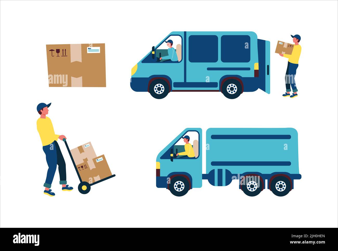 L'addetto alla consegna carica la merce dal cliente dal negozio in un camion o in un'auto di consegna Illustrazione Vettoriale