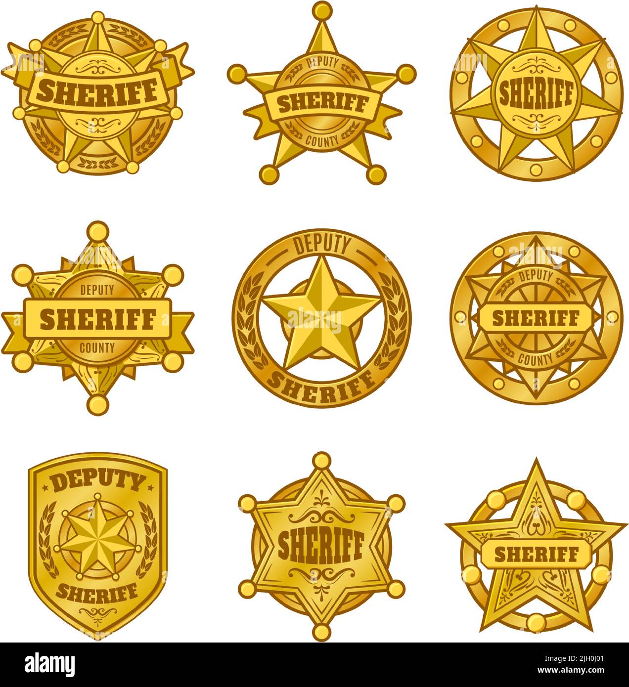 Badge Sheriff. Emblema del dipartimento della polizia, badge d'oro con stella del rappresentante ufficiale della legge. Set di vettori di simboli Illustrazione Vettoriale