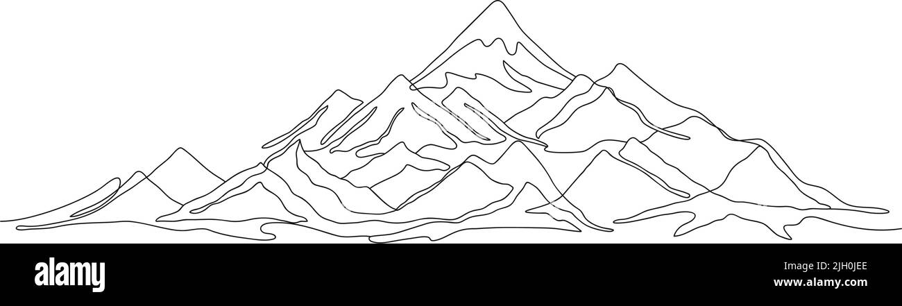 Paesaggio di montagna a una linea. Panoramica catena montuosa con picco nevoso disegno vettoriale continuo Illustrazione Vettoriale