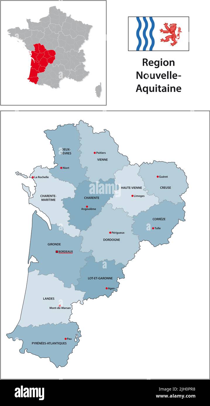 Mappa vettoriale amministrativa con bandiera della regione francese di Nouvelle-Aquitaine Foto Stock