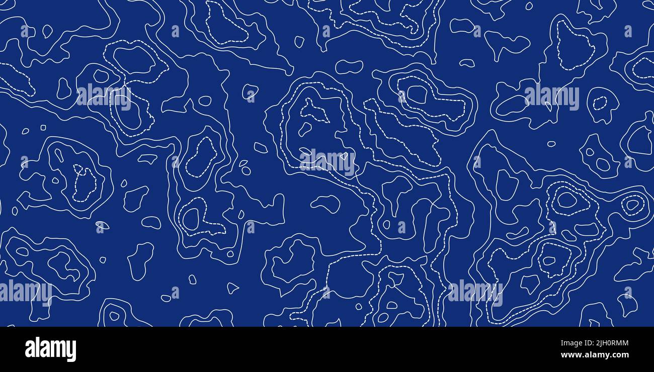 Topografia mappa blu motivo senza giunture con linee tratteggiate e continue. Curve topografiche astratte. Ripetere lo sfondo geometrico. Profilo topologico terra o u Illustrazione Vettoriale