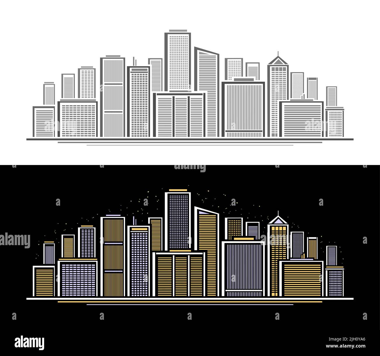 Vector Urban Skyline, logo orizzontale monocromatico con semplice design lineare skyline City scape su sfondo bianco e banner decorativo con illuminazione Illustrazione Vettoriale