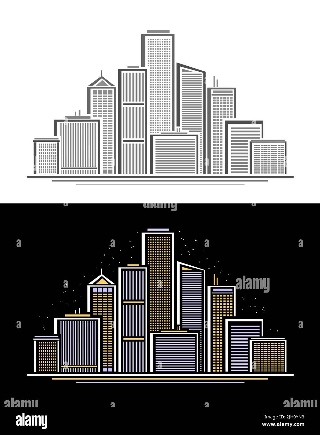 Vector Urban Skyline, logo triangolare monocromatico con semplice design lineare skyline City scape su sfondo bianco e poster decorativo con urb sera Illustrazione Vettoriale