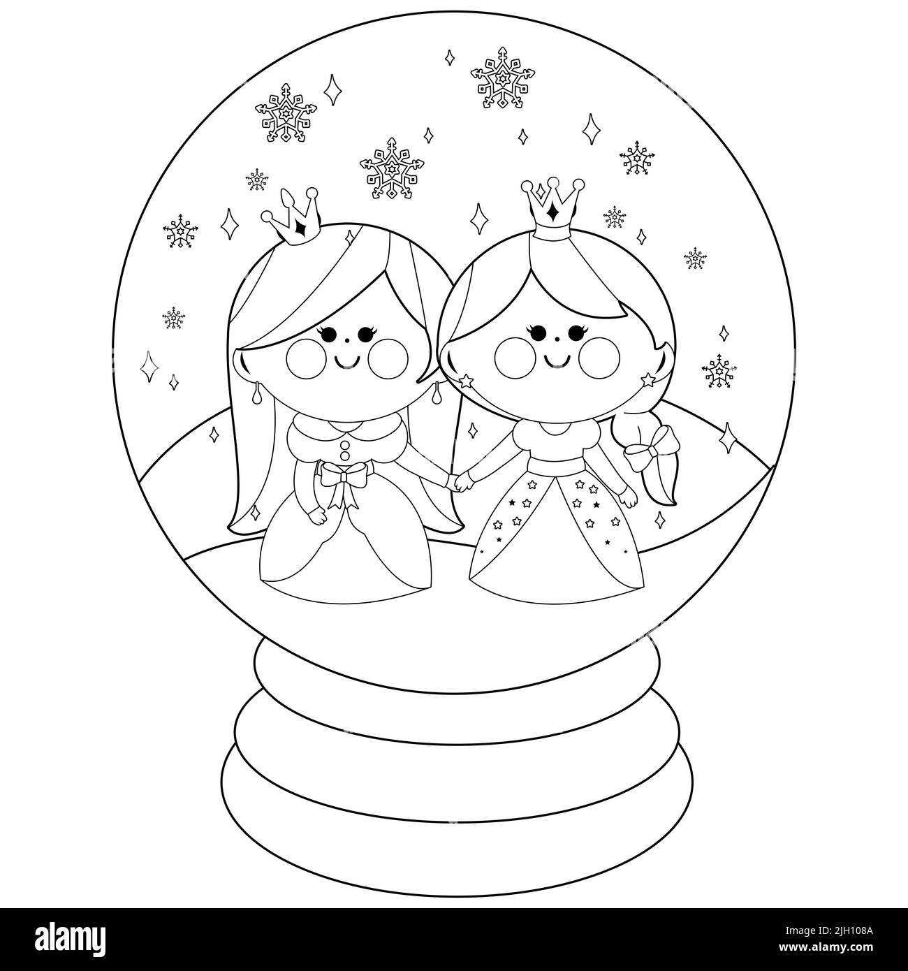 Belle principesse in un globo di neve. Pagina da colorare in bianco e nero Foto Stock