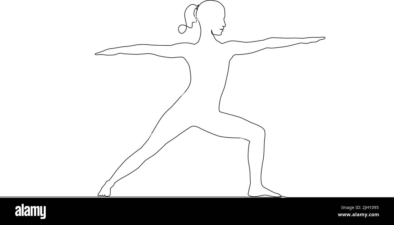 disegno continuo a linea singola della donna in posa guerriero yoga, illustrazione vettoriale arte di linea Illustrazione Vettoriale
