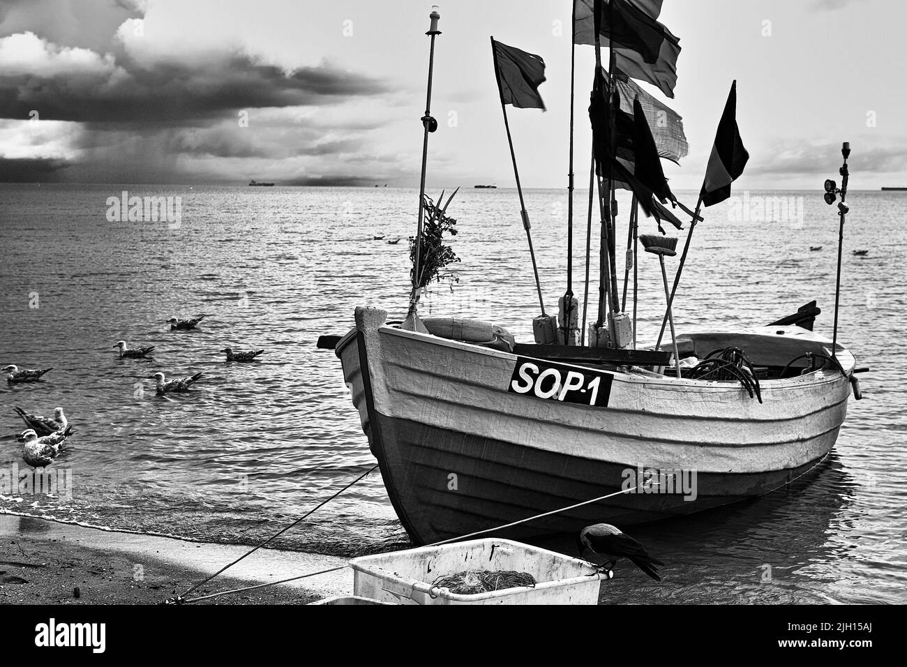 Barca da pesca sulla spiaggia, Sopot, Polonia, Golfo di Danzica, Mar Baltico, Europa. Foto Stock