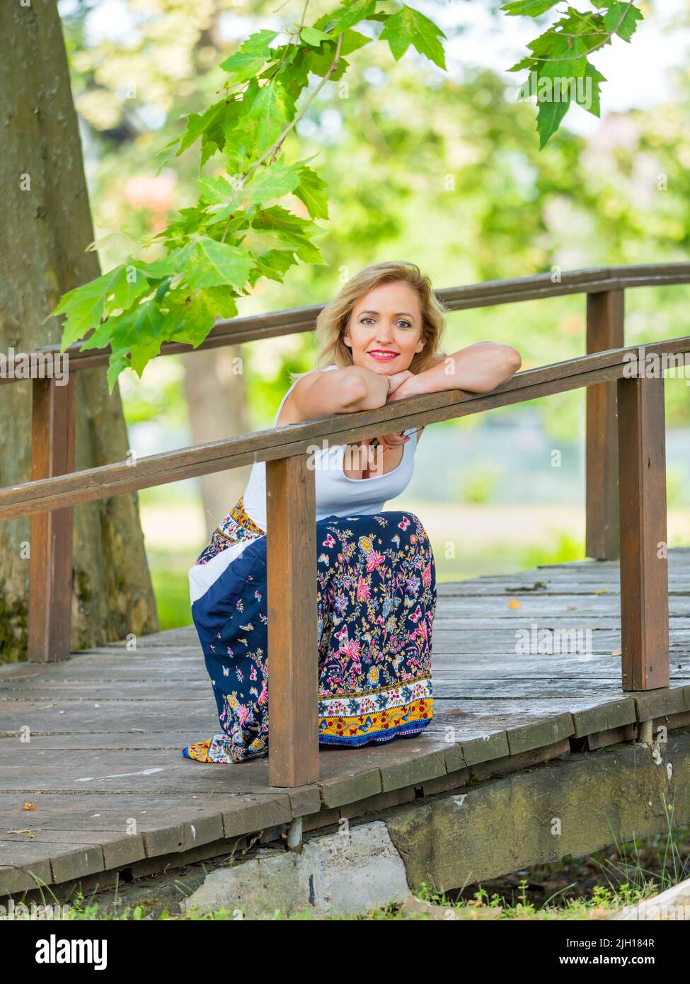 La donna attraente sta squatting squat inclinato su recinto di legno sul passerella guardando la macchina fotografica sorridente Foto Stock
