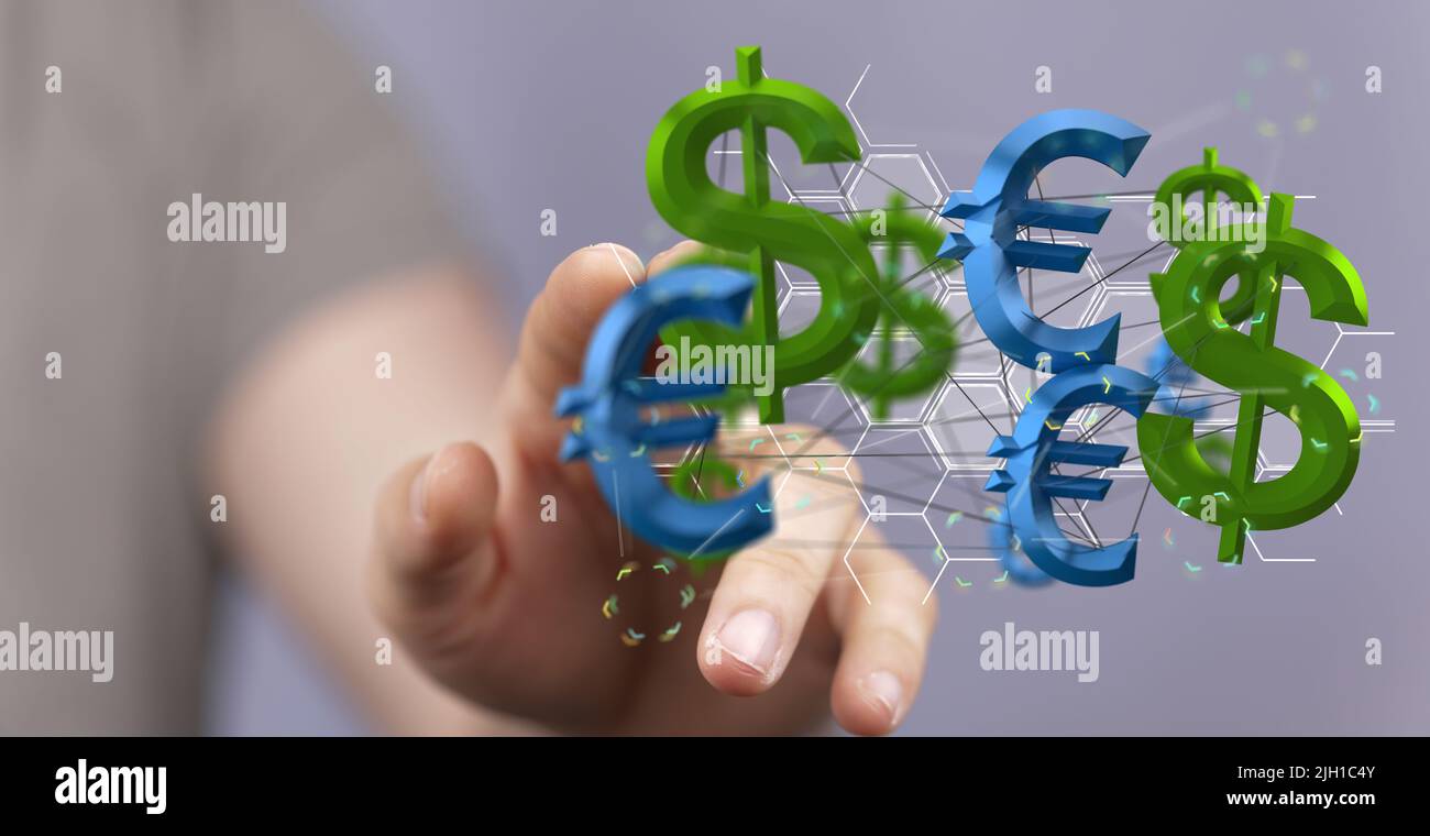 Una persona che presenta una proiezione virtuale della conversione delle valute euro e dollaro Foto Stock