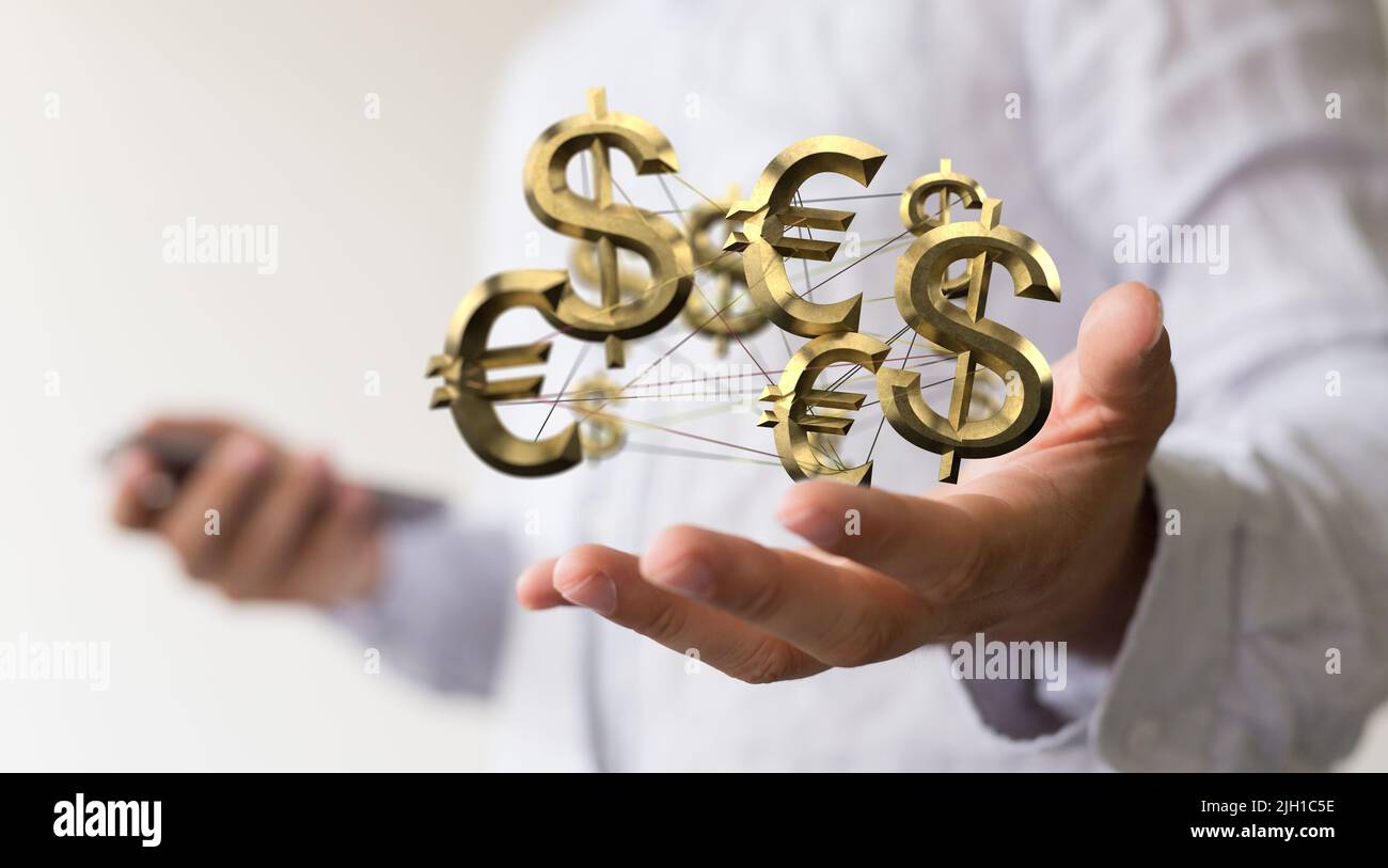 Una persona che presenta una proiezione virtuale di conversione tra le valute euro e dollaro Foto Stock