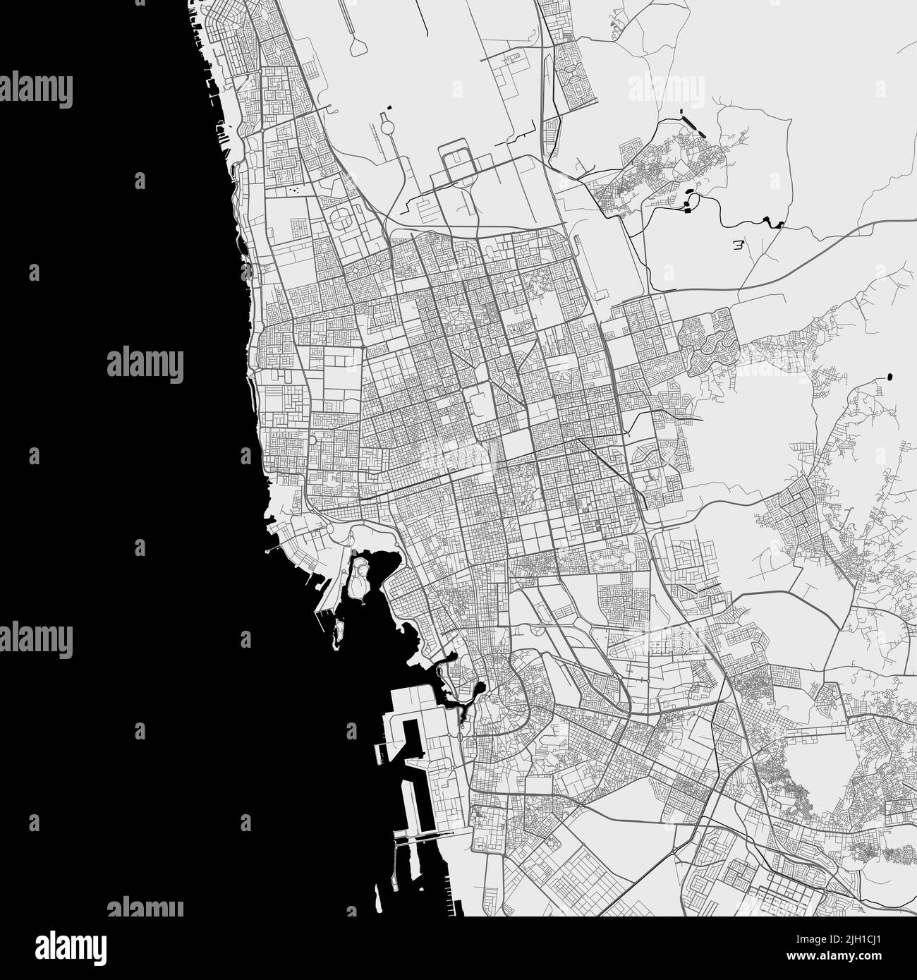 Mappa urbana di Jeddah. Illustrazione vettoriale, poster grafico in scala di grigi della mappa Jeddah. Immagine della mappa stradale con strade, vista dell'area metropolitana della città. Illustrazione Vettoriale