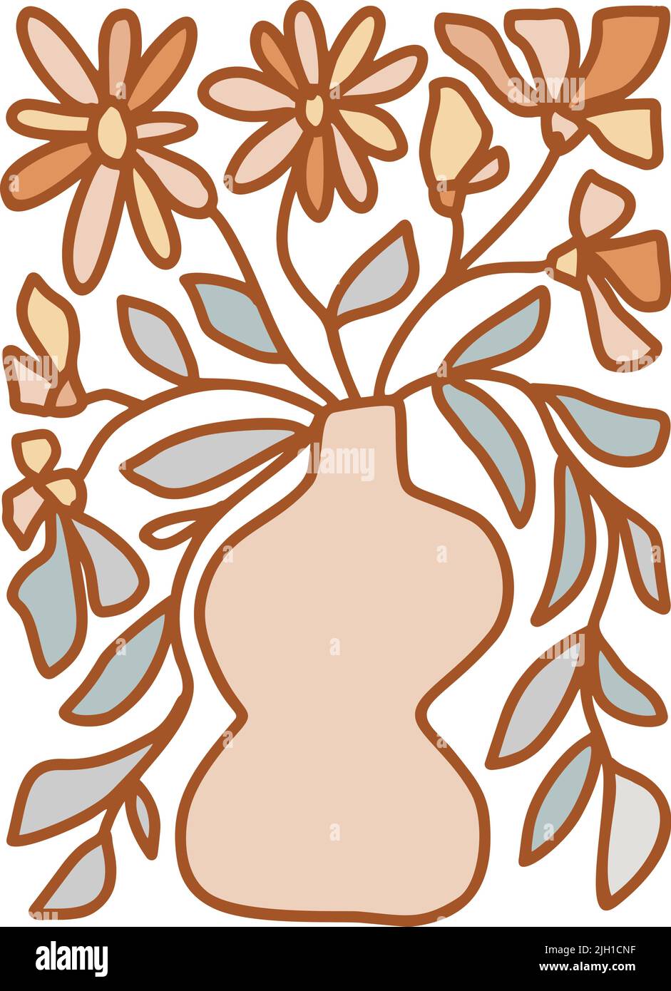 Motivo inspirato Vector 70s di forma rettangolare. Fiore in vaso Groovy hippie divertente boho giallo tavolozza Grande per tessuto, giftwrap, scrapbooking Illustrazione Vettoriale