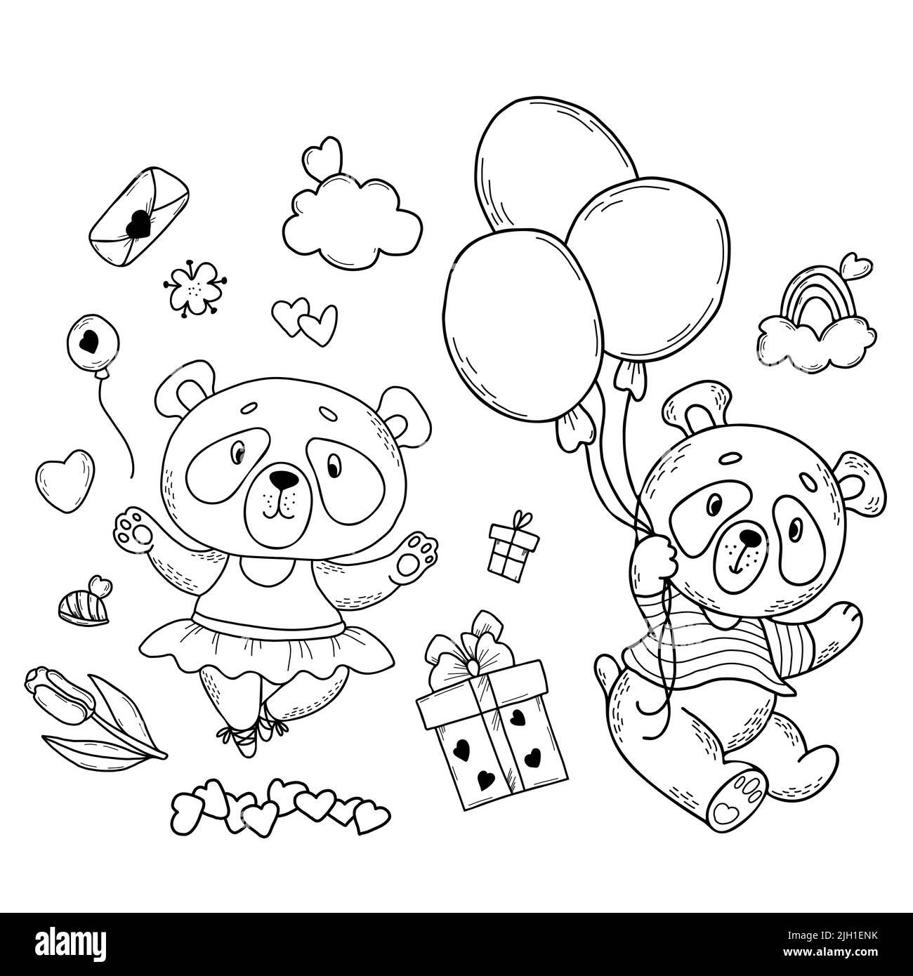 Set di simpatici personaggi panda. Panda in T-shirt a righe vola su palloncini Panda ragazza ballerina in abito e scarpe a punta, arcobaleno in nuvole e fiori Illustrazione Vettoriale