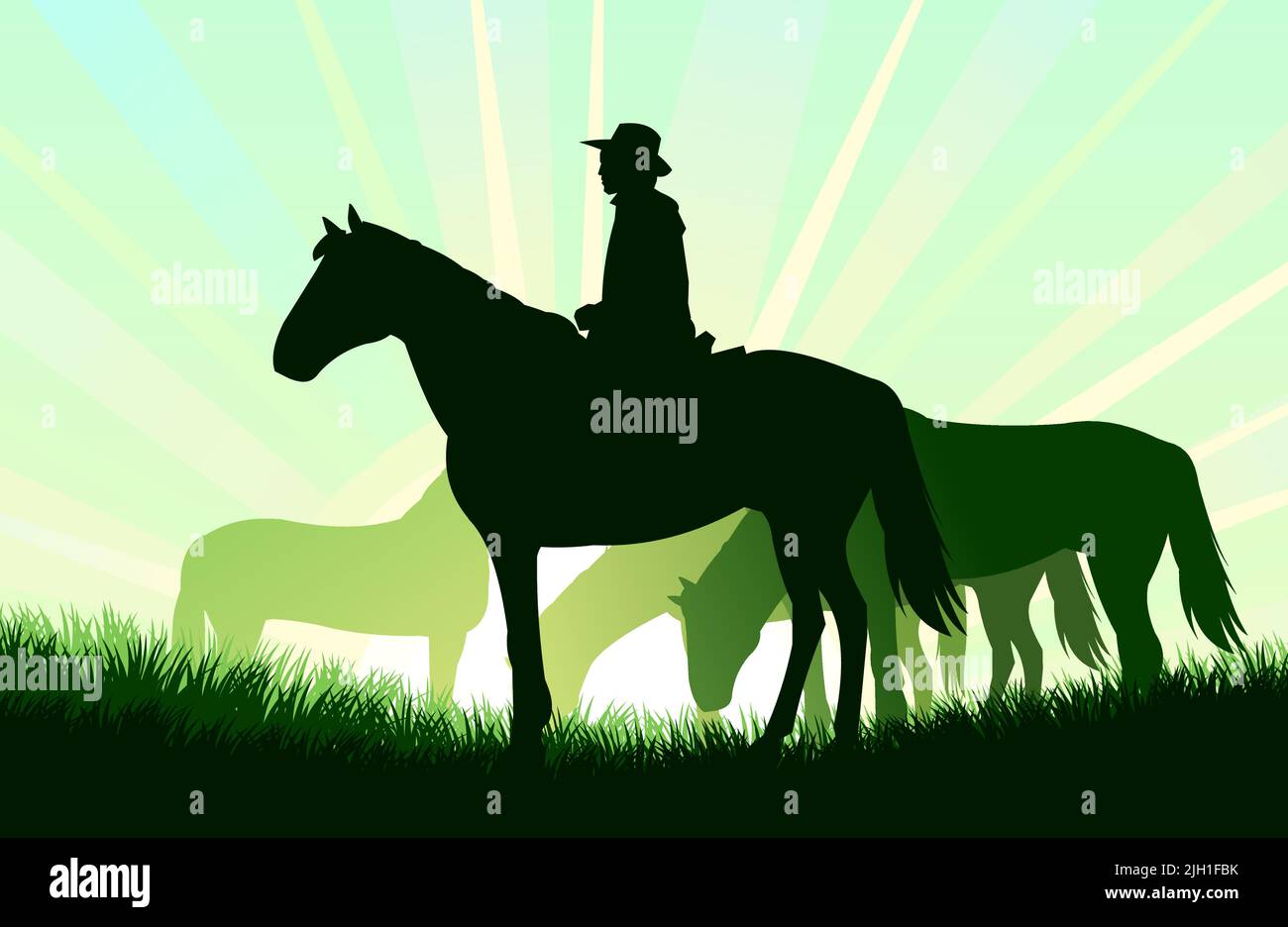Il pastore pascola i cavalli in pascolo. Silhouette dell'immagine. Animali da fattoria. Animali domestici tradizionali. Sullo sfondo alba. Vettore Illustrazione Vettoriale