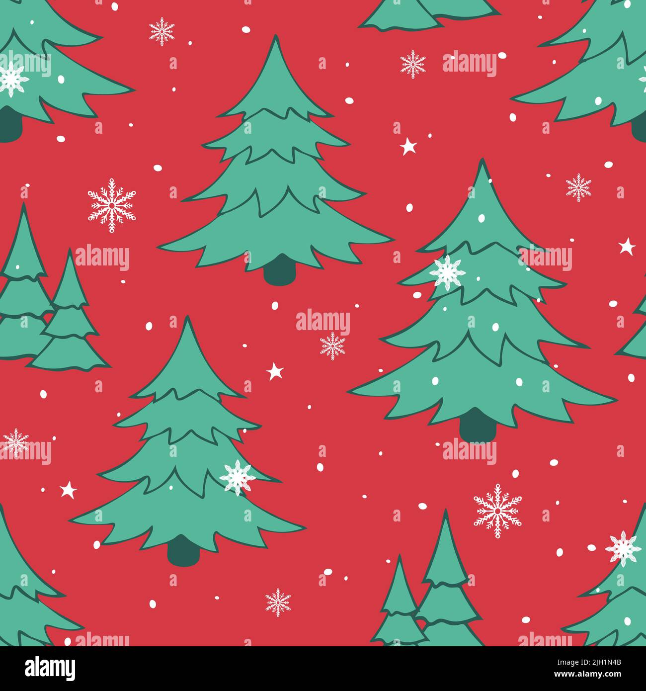 Pattern vettoriale senza giunture con albero di Natale su sfondo rosso. Semplice winter Forest wallpaper design. Tessuto decorativo di moda stagionale. Illustrazione Vettoriale