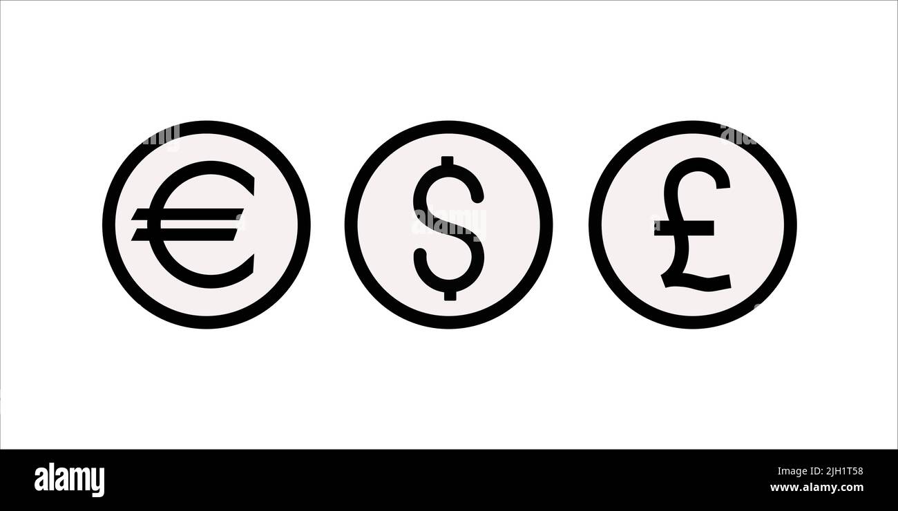 Valute Icon Set Vector. Simboli dei segni di valuta. Euro, dollaro Illustrazione Vettoriale