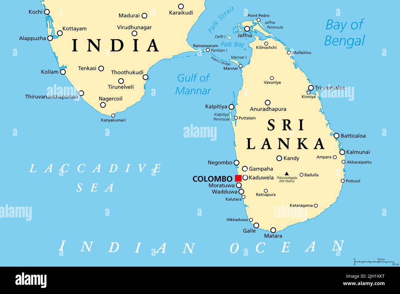 Sri Lanka e parte dell'India meridionale, mappa politica. Repubblica Socialista democratica dello Sri Lanka, ex Ceylon, paese insulare dell'Asia meridionale. Foto Stock
