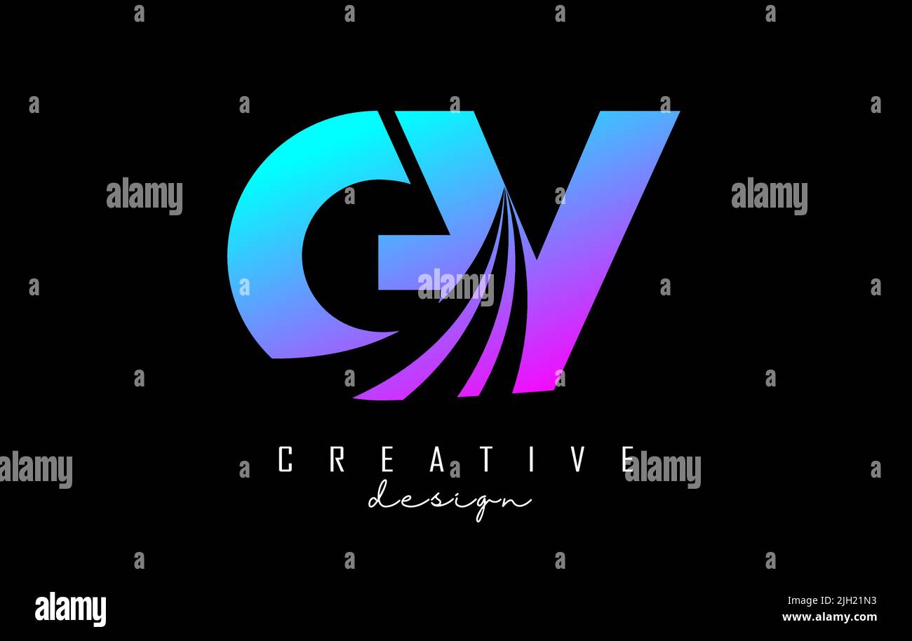 Logo creativo e colorato GV g v con linee leader e design di concetto stradale. Lettere con disegno geometrico. Illustrazione vettoriale con lettera e cu Illustrazione Vettoriale