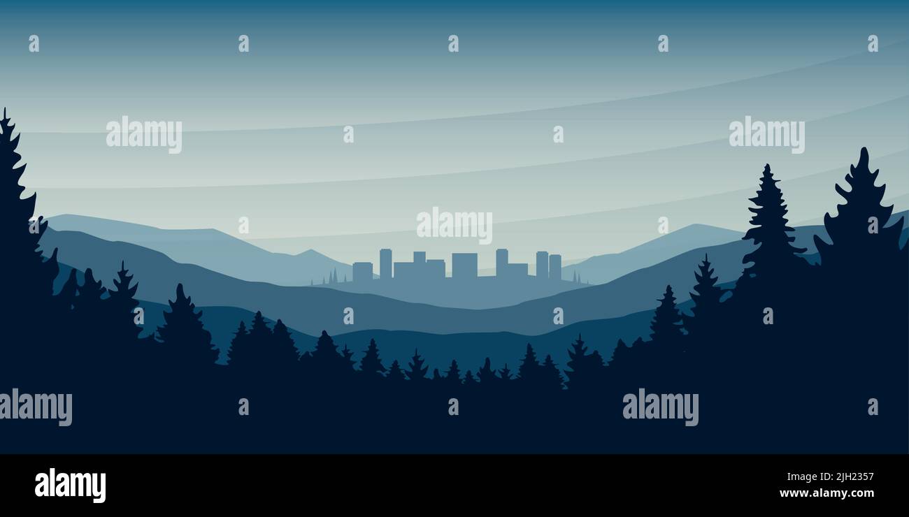foresta montagna città paesaggio vettore viaggio sfondo Illustrazione Vettoriale