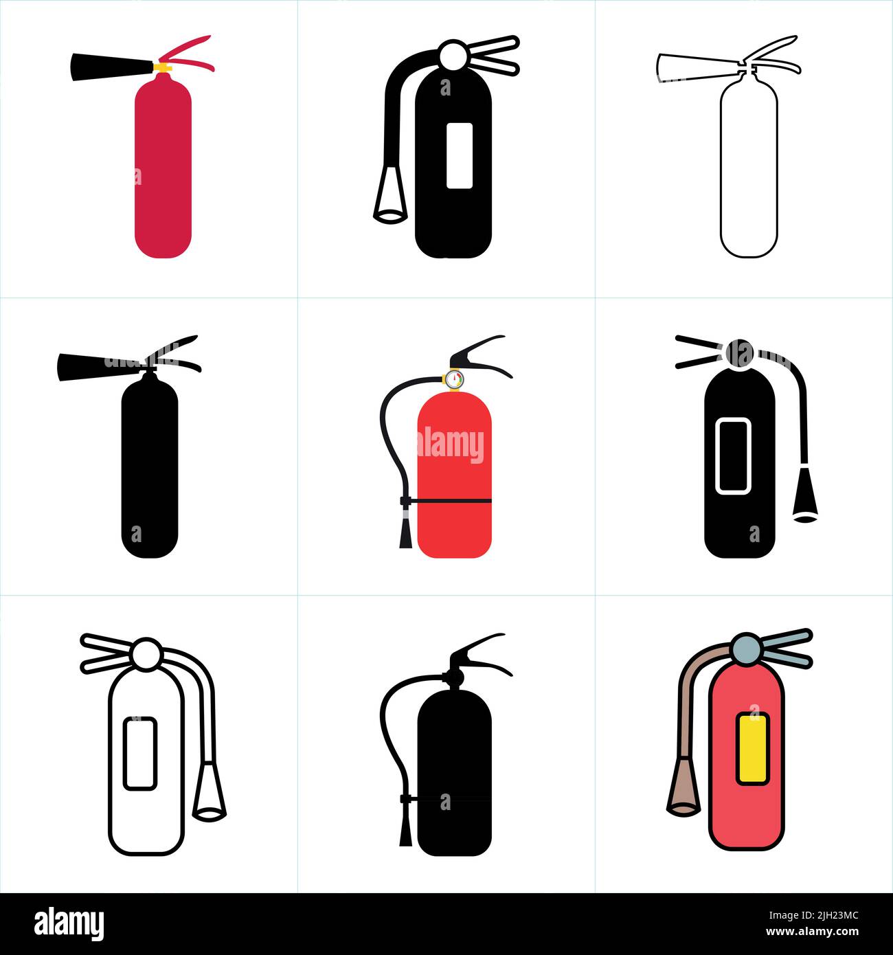 Icona estintore vettoriale o illustrazione del set di segni su sfondo bianco. Concetto di immagine dell'idea di sicurezza antincendio. Illustrazione Vettoriale
