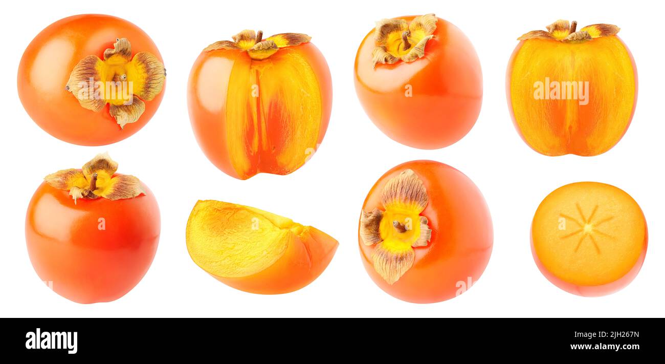 Persimmoni isolati. Raccolta di frutti di persimmon interi e tagliati isolati su sfondo bianco Foto Stock