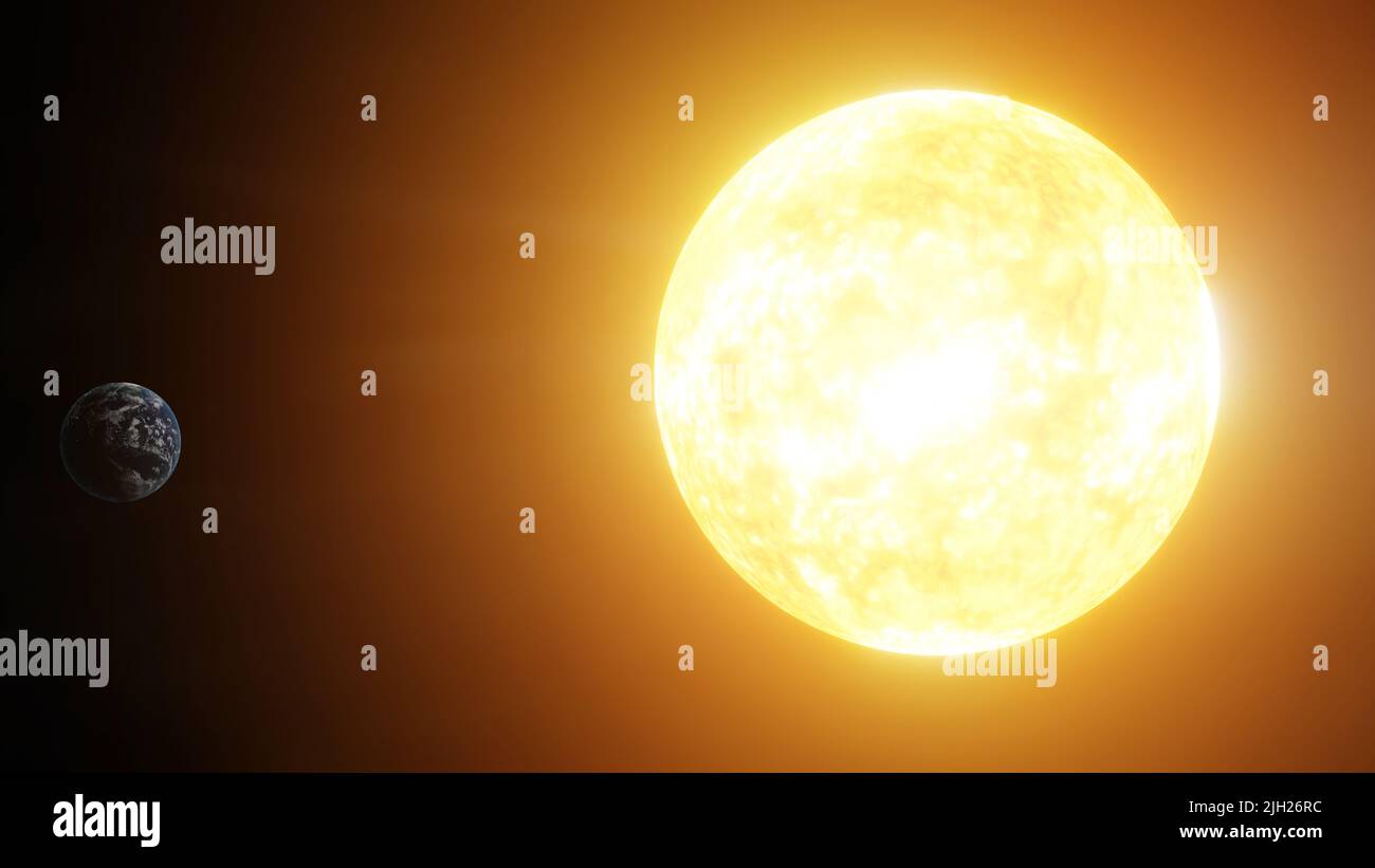 Sole luminoso e pianeta terra, concetto di riscaldamento globale Sole nello spazio su sfondo nero, 3D rendering Foto Stock