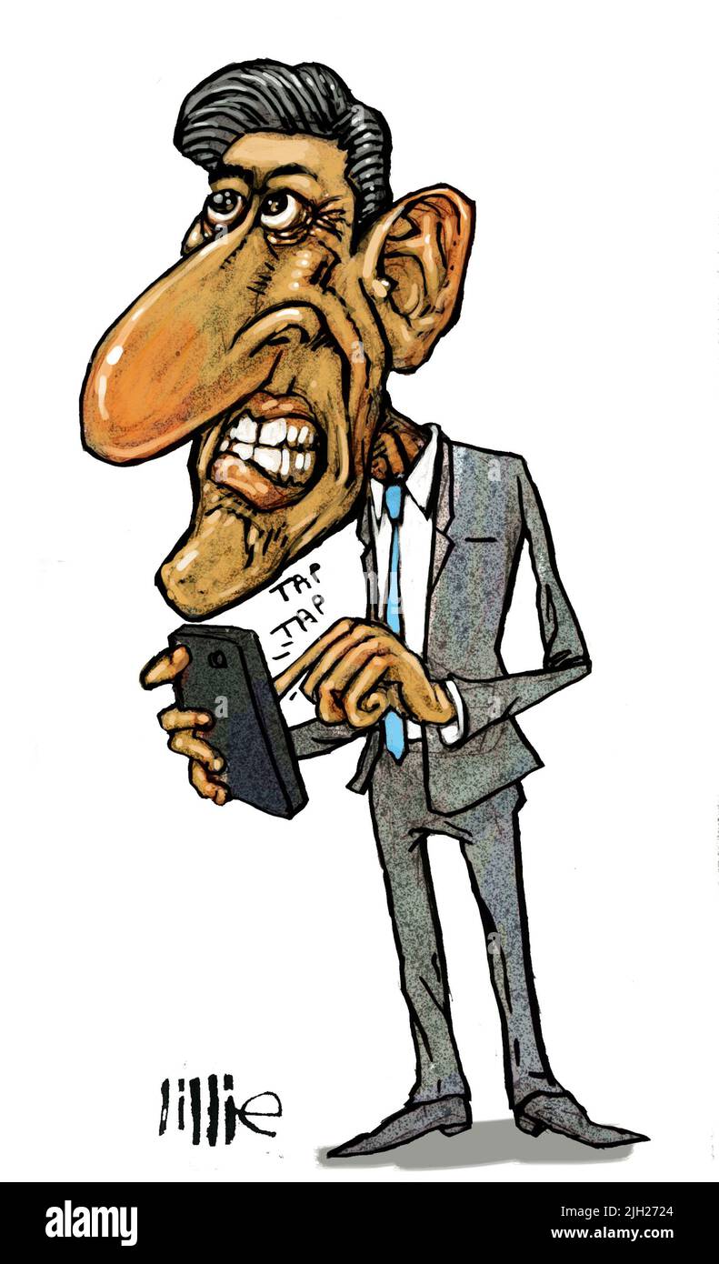 Cartoon stile satira / arte caricatura di Rishi Sunak, politico conservatore britannico che servì come Cancelliere dello scacchiere, e più tardi divenne PM. Foto Stock