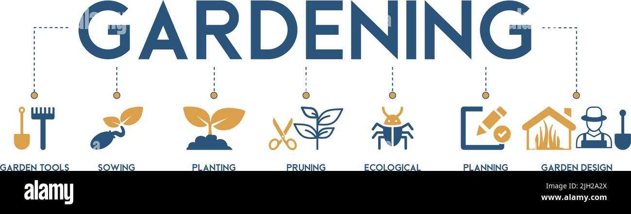 Icone di giardinaggio insieme e elementi di disegno illustrazione vettoriale con l'icona di attrezzi di giardino, semina, piantando, potando, ecologico, pianificazione e giardino Illustrazione Vettoriale
