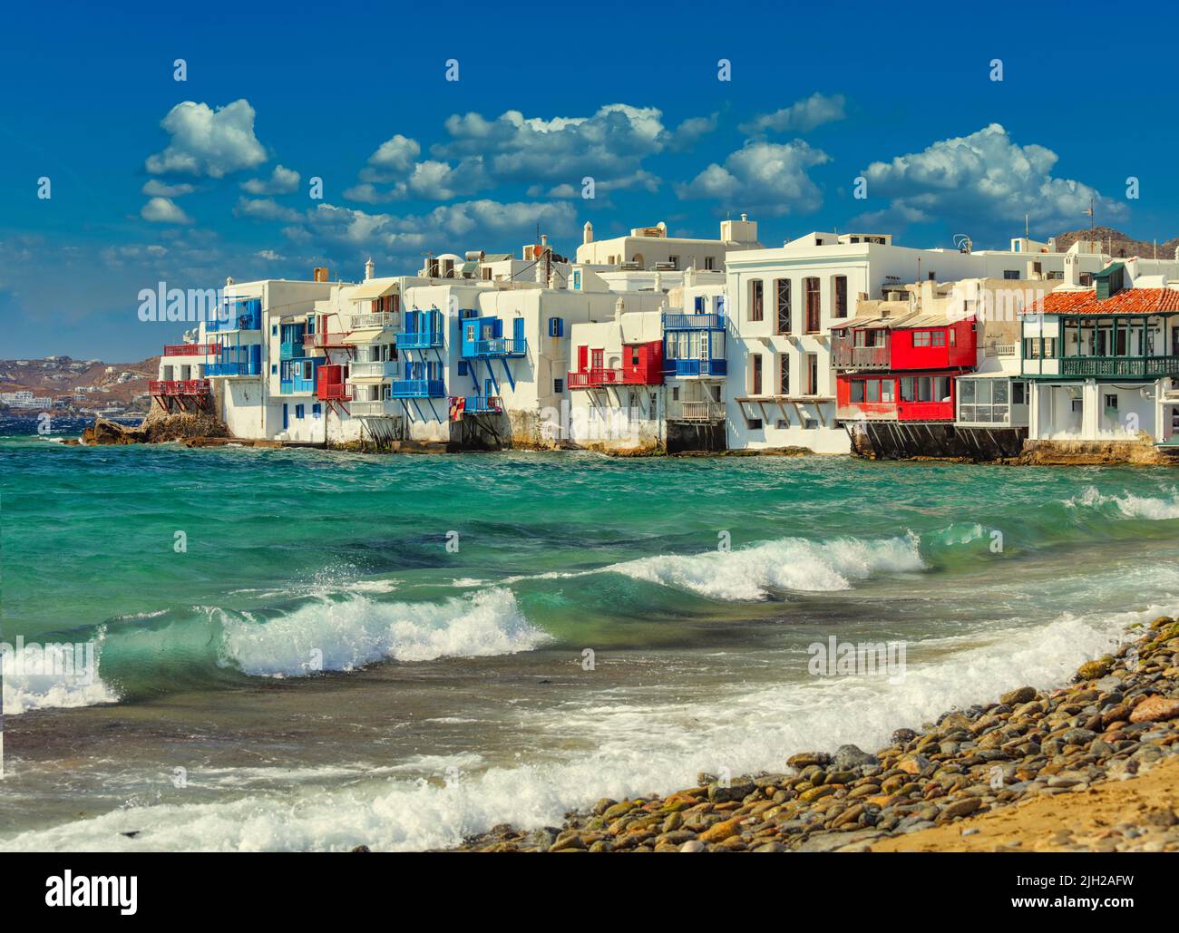 Piccola Venezia sull'isola di Mykonos in una giornata di sole Foto Stock