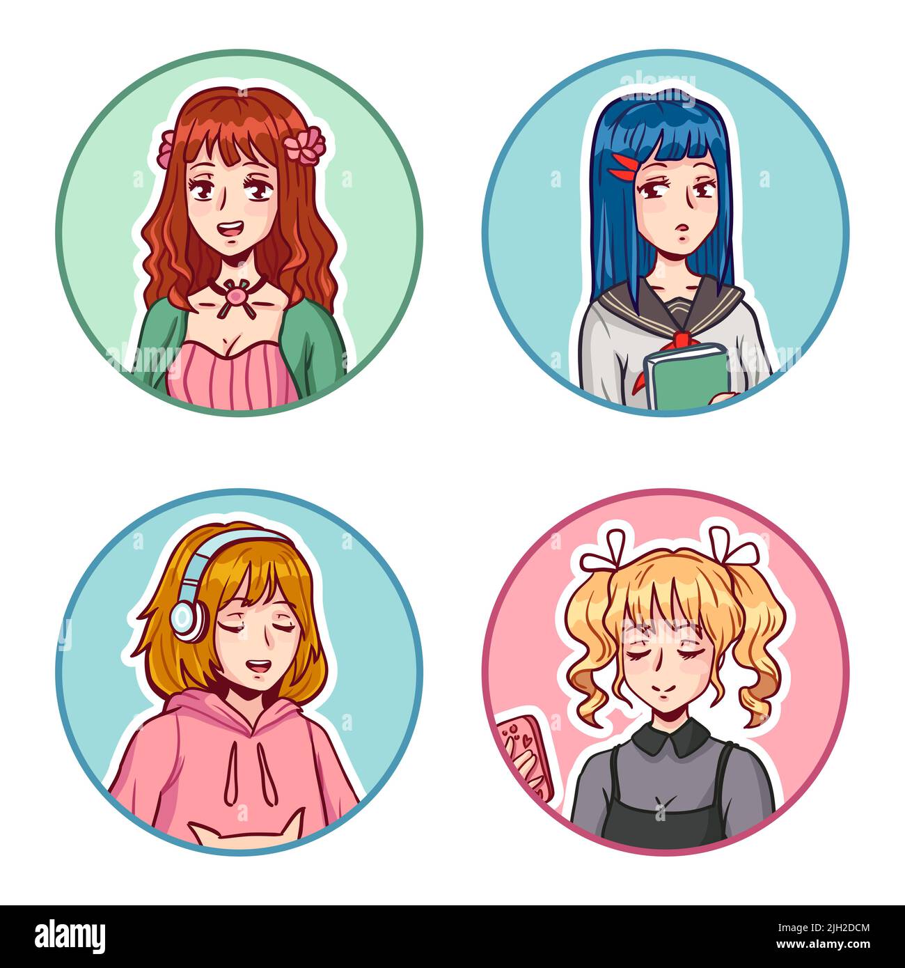 Avatar ANIME ragazze. Personaggi Manga femmina che indossano vari abiti carini. Giovani adolescenti che fanno attività Illustrazione Vettoriale