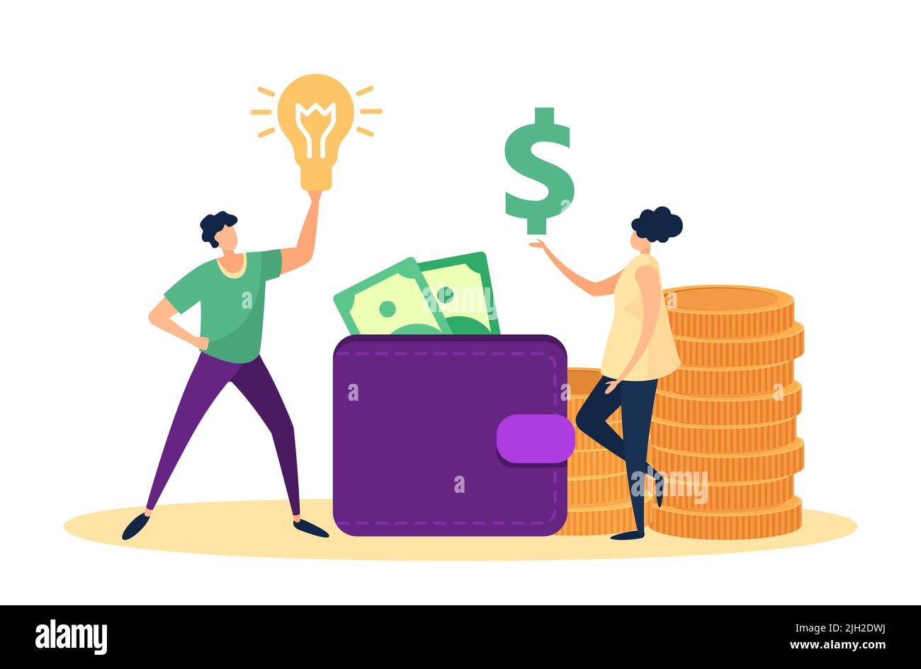 Concetto aziendale. Uomo che tiene la lampadina e donna che porta il segno del dollaro. Persone che hanno idea creativa e soldi Illustrazione Vettoriale
