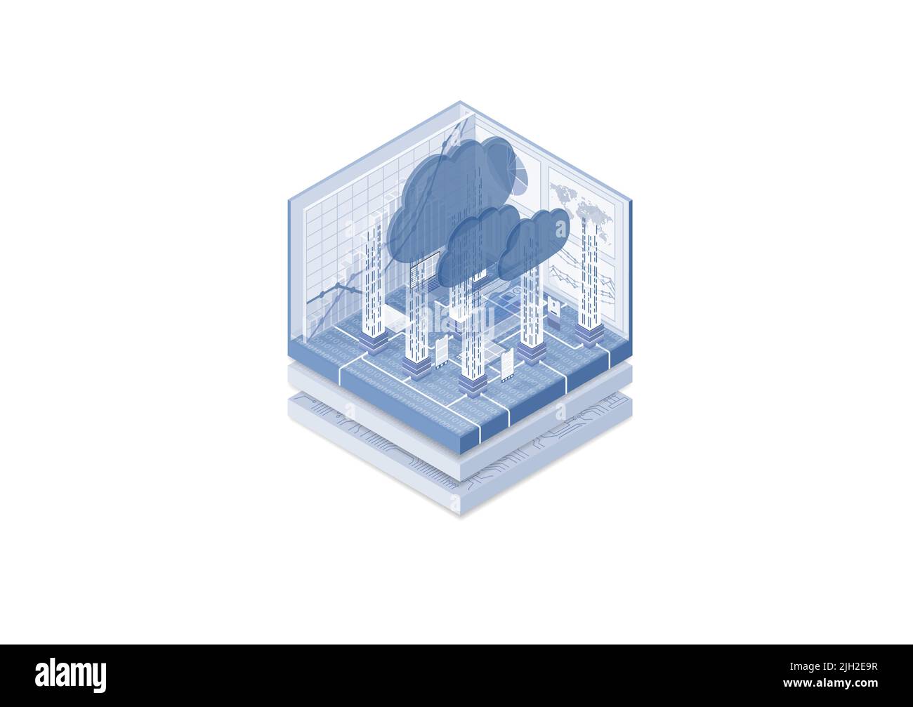 Concetto di cloud computing e provider cloud. Illustrazione vettoriale isometrica dei dispositivi Internet collegati. Banner Web bianco e blu. Illustrazione Vettoriale
