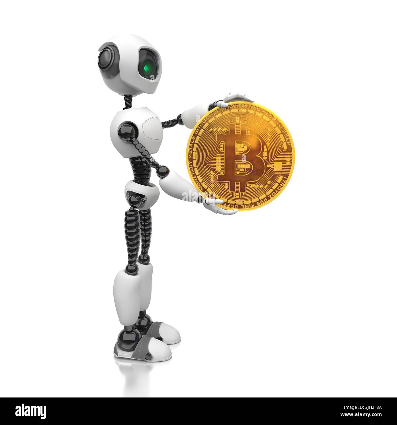 Bot commerciale. Un robot umanoide tiene in mano una moneta Bitcoin d'oro. Illustrazione concettuale creativa su sfondo bianco. 3D rendering Foto Stock