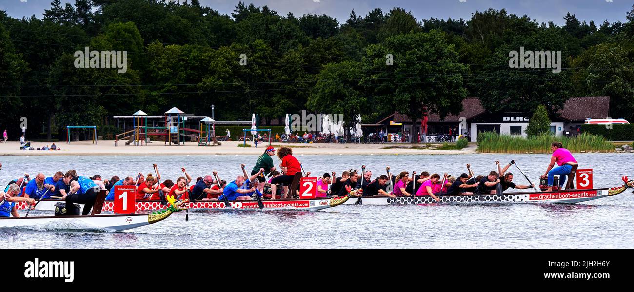 Gifhorn, Germania, 10 luglio 2022: Fine delle barche in una gara con drago barche su un lago in Germania Foto Stock