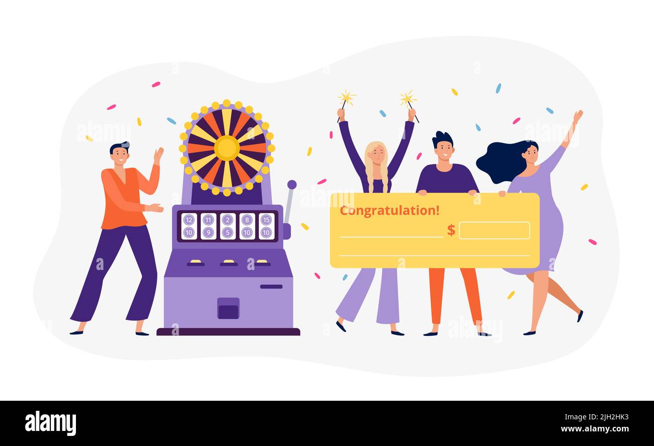 Uomo e donna vincendo il jackpot sulla lotteria. Personaggi femminili e maschili che detengono un assegno bancario grande con congratulazioni Illustrazione Vettoriale