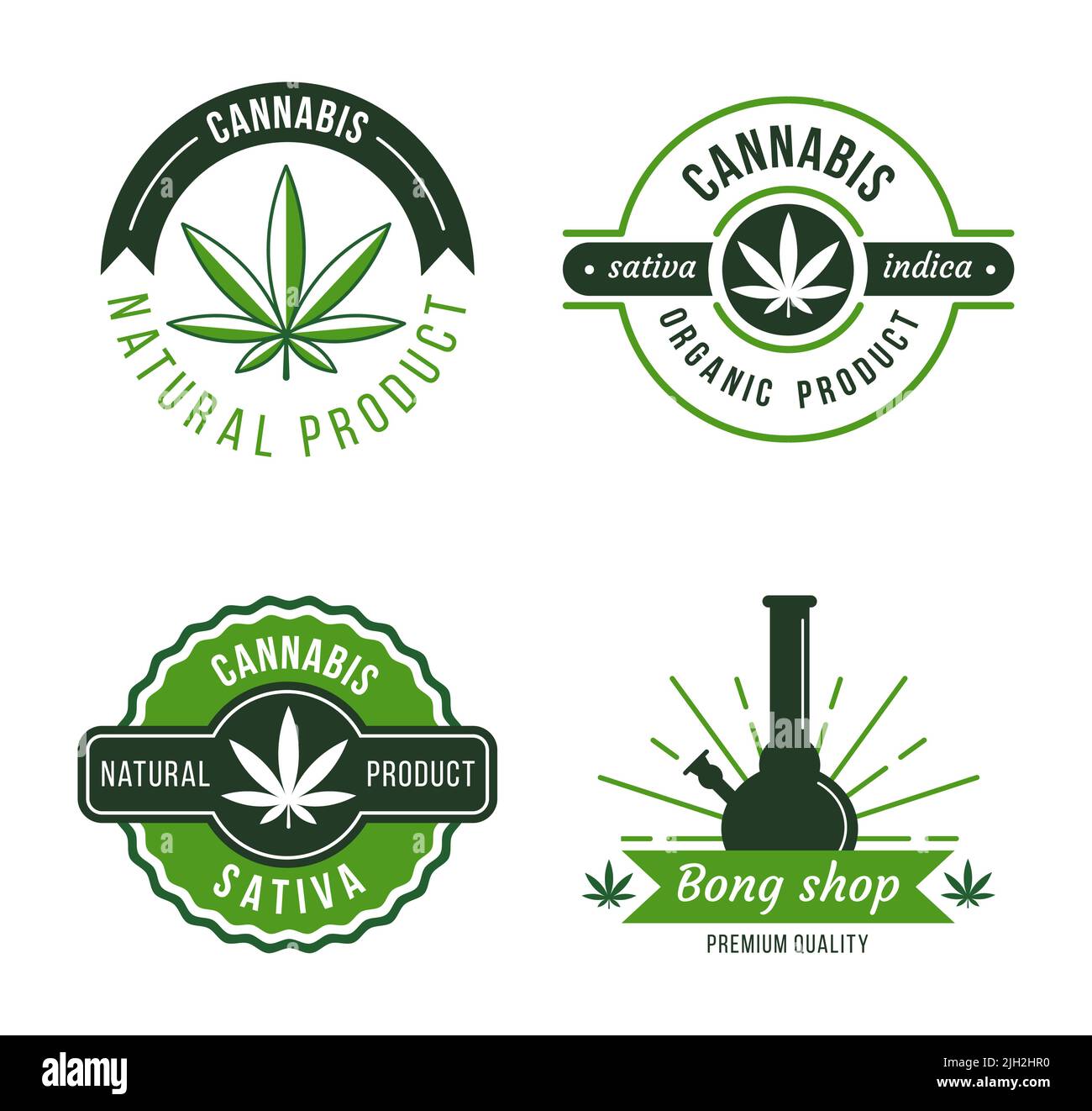 Etichetta marijuana. Modelli di logo cannabis moderni. Elementi di design del prodotto medico biologico. Droghe legali naturali Illustrazione Vettoriale