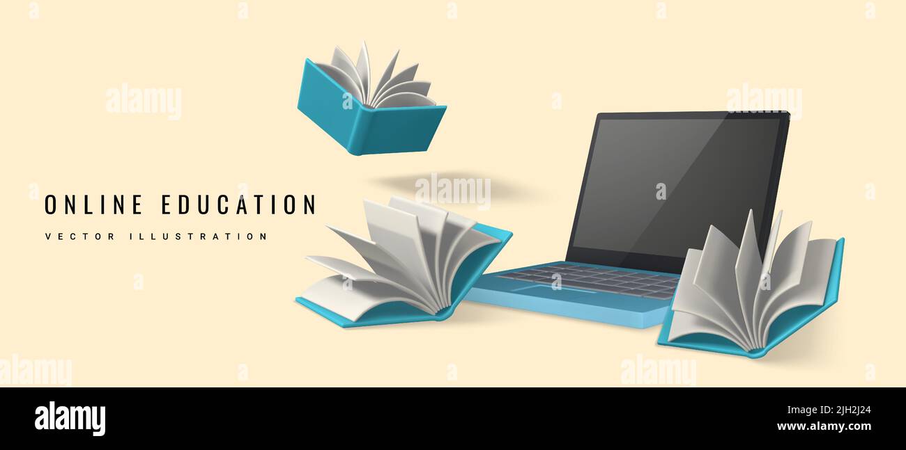 Concetto di formazione online. Computer portatile con libri aperti. Formazione online. Illustrazione vettoriale. Illustrazione Vettoriale